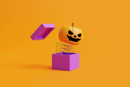Foto de La calabaza Jack-o-Lantern sale de la caja sobre fondo naranja. Feliz concepto de Halloween. Vacaciones tradicionales de octubre. Ilustración de representación 3d - Imagen libre de derechos