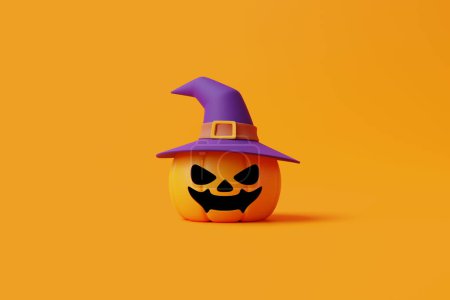 Téléchargez les photos : Jack-o-Lantern citrouilles portant un chapeau de sorcière sur fond orange. Joyeux Halloween concept. Vacances traditionnelles d'octobre. Illustration de rendu 3d - en image libre de droit
