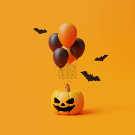 Foto de Calabaza Jack-o-Lantern con murciélagos y globos sobre fondo naranja. Feliz concepto de Halloween. Vacaciones tradicionales de octubre. Ilustración de representación 3d - Imagen libre de derechos