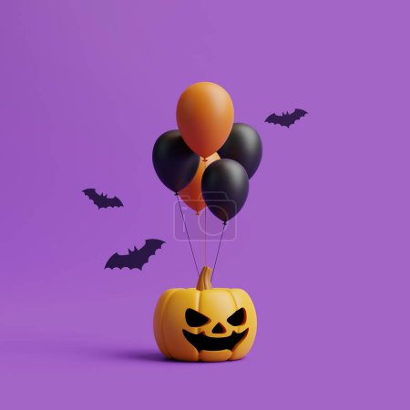 Photo for Jack-o-Lantern pumpkin with bats and balloons on purple background. Happy Halloween concept. Traditional october holiday. 3d rendering illustration - Royalty Free Image