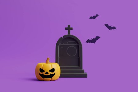 Foto de Calabaza Jack-o-Lantern con murciélagos y tumba sobre fondo púrpura. Feliz concepto de Halloween. Vacaciones tradicionales de octubre. Ilustración de representación 3d - Imagen libre de derechos