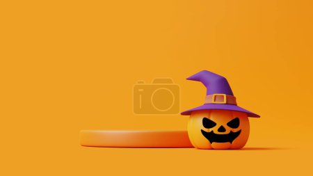Photo for Jack-o-Lantern pumpkins wearing witch hat and podium for product display on orange background. Happy Halloween concept. Traditional october holiday. 3d rendering illustration - Royalty Free Image