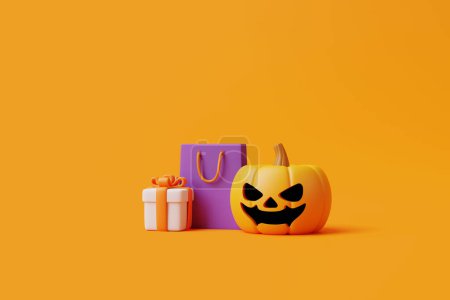 Foto de Calabaza Jack-o-Lantern, caja de regalo y bolsa de compras sobre fondo naranja. Feliz concepto de Halloween. Vacaciones tradicionales de octubre. Ilustración de representación 3d - Imagen libre de derechos