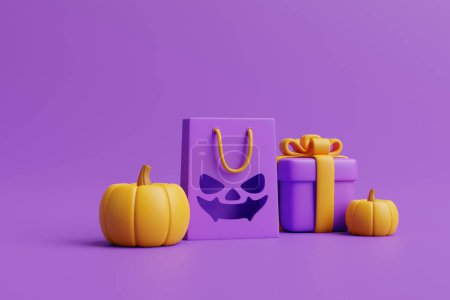 Téléchargez les photos : Jack-o-Lantern citrouilles, boîte cadeau et sac à provisions sur fond violet. Joyeux Halloween concept. Vacances traditionnelles d'octobre. Illustration de rendu 3d - en image libre de droit