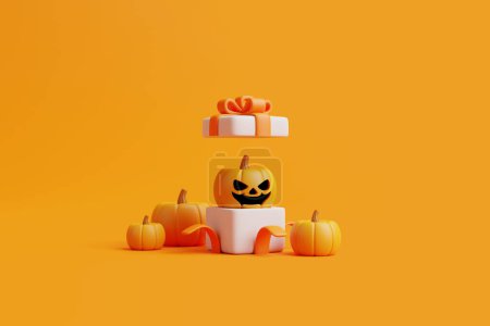 Foto de Caja de regalo abierta con calabazas Jack-o-Lantern de Halloween sobre fondo naranja. Feliz concepto de Halloween. Vacaciones tradicionales de octubre. Ilustración de representación 3d - Imagen libre de derechos