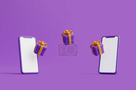 Téléchargez les photos : Coffrets cadeaux avec smartphone sur fond violet. Modèle de vente Halloween. Vacances traditionnelles d'octobre. Illustration de rendu 3d - en image libre de droit