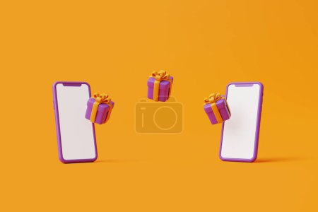Téléchargez les photos : Coffrets cadeaux avec smartphone sur fond orange. Modèle de vente Halloween. Vacances traditionnelles d'octobre. Illustration de rendu 3d - en image libre de droit