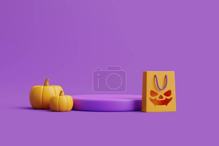 Photo for Jack-o-Lantern pumpkins, podium for product display and shopping bag on purple background. Happy Halloween concept. Traditional october holiday. 3d rendering illustration - Royalty Free Image