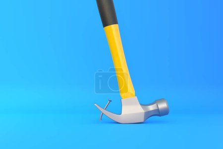 Photo for Claw hammer with yellow plastic handle pulling a nail out of a plank on blue background. Front view, minimalism. Copy space. 3d rendering illustration - Royalty Free Image