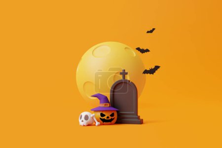Photo for Jack-o-Lantern pumpkin wearing witch hat with skull, bone, bats and grave under the moon on orange background. Happy Halloween concept. Traditional october holiday. 3d rendering illustration - Royalty Free Image