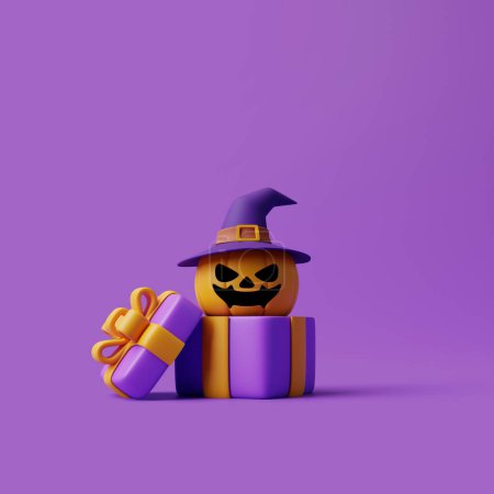 Foto de Caja de regalo abierta con calabaza Halloween Jack-o-Lantern con sombrero de bruja sobre fondo púrpura. Feliz concepto de Halloween. Vacaciones tradicionales de octubre. Ilustración de representación 3d - Imagen libre de derechos