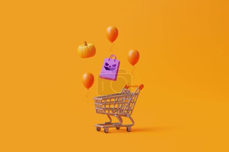 Photo for Happy Halloween sale with Jack-o-Lantern pumpkins, shopping bag and balloons on orange background. Halloween sale concept. Traditional october holiday. 3d rendering illustration - Royalty Free Image