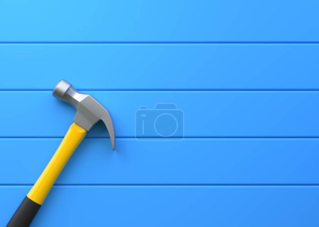 Foto de Martillo de garra con mango de plástico amarillo aislado sobre fondo azul. Vista superior, minimalismo. Copiar espacio. Ilustración de representación 3d - Imagen libre de derechos