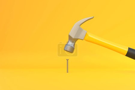Photo for Hammer with a steel head and a yellow plastic handle banging a small screw on yellow background. Front view, minimalism. Copy space. 3d rendering illustration - Royalty Free Image