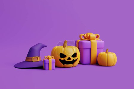 Foto de Cajas de regalo de dibujos animados con calabazas de Halloween Jack-o-Lantern con sombrero de bruja sobre fondo púrpura. Feliz concepto de Halloween. Vacaciones tradicionales de octubre. Ilustración de representación 3d - Imagen libre de derechos