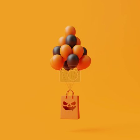 Foto de Bolsa de compras de calabaza Jack-o-lantern y globos flotando sobre fondo naranja. Feliz concepto de Halloween. Vacaciones tradicionales de octubre. Ilustración de representación 3d - Imagen libre de derechos