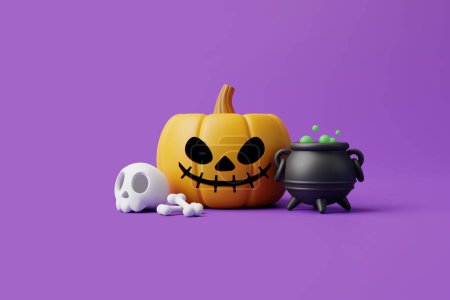 Foto de Calabaza Jack-o-Lantern con cráneo, hueso y caldero sobre fondo púrpura. Feliz concepto de Halloween. Vacaciones tradicionales de octubre. Ilustración de representación 3d - Imagen libre de derechos