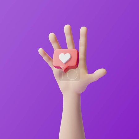 Foto de Mano de dibujos animados con corazón en el icono de la burbuja del habla sobre un fondo púrpura. Amor como corazón icono de notificación de redes sociales. Emoji, chat y Social Network. representación 3d, ilustración 3d - Imagen libre de derechos