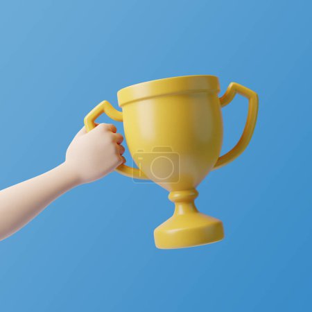Téléchargez les photos : Main de personnage de bande dessinée tenir grand trophée de victoire d'or tasse sur un fond bleu. Illustration de rendu 3D - en image libre de droit