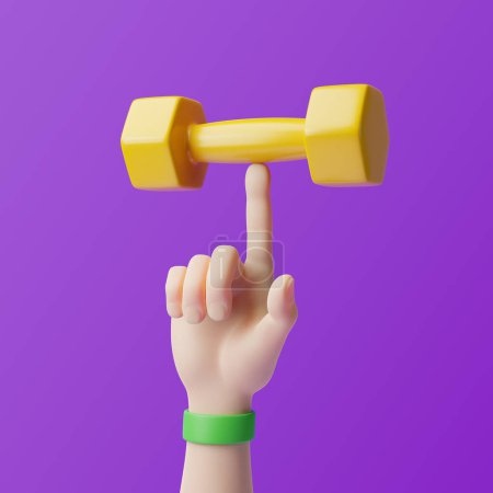 Photo for Cartoon hand holding light dumbbell with one finger on a purple background. 3D rendering illustration - Royalty Free Image