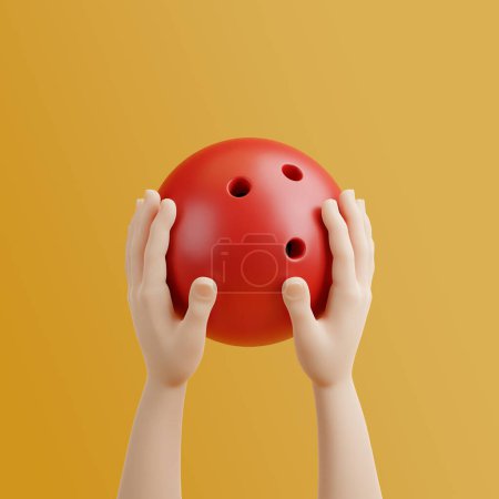 Téléchargez les photos : Dessin animé mains tenant boule de bowling sur un fond jaune. Illustration de rendu 3D - en image libre de droit
