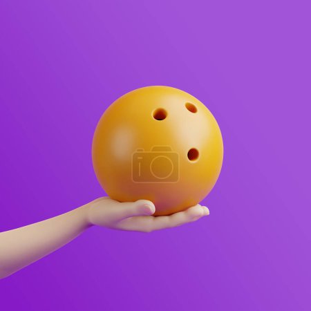Téléchargez les photos : Dessin animé mains tenant boule de bowling sur un fond violet. Illustration de rendu 3D - en image libre de droit