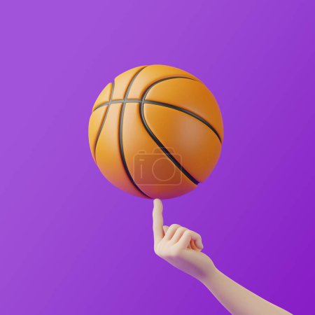 Téléchargez les photos : Dessin animé main tenant basket sur un fond violet. Illustration de rendu 3D - en image libre de droit