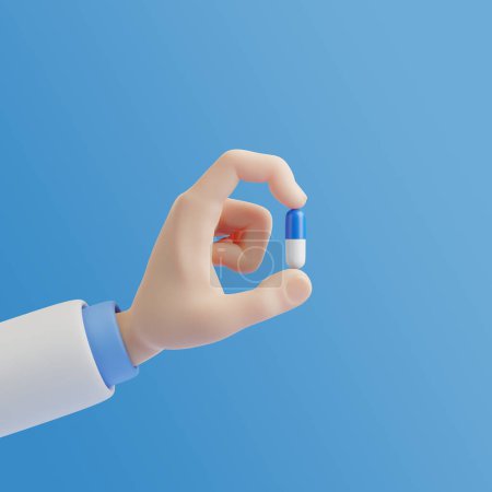 Photo for Cartoon hand holding a pill on a blue background. Doctor giving drug, antibiotic pill capsule. Pharmacy dispense. Health care, medical treatment, pharmaceutical or medication concept. 3d rendering - Royalty Free Image