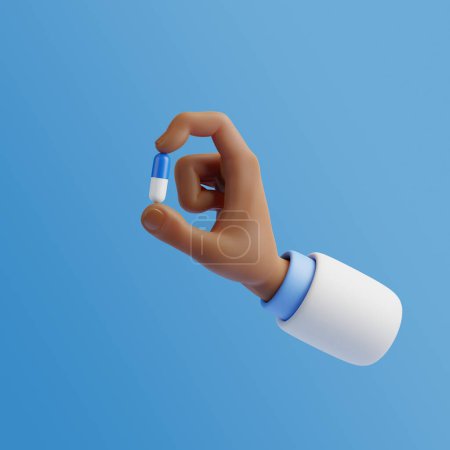Téléchargez les photos : Caricature main tenant une pilule sur un fond bleu. Médecin qui donne de la drogue, capsule antibiotique. La pharmacie dispense. Soins de santé, traitement médical, concept pharmaceutique ou médicamenteux. Rendu 3d - en image libre de droit