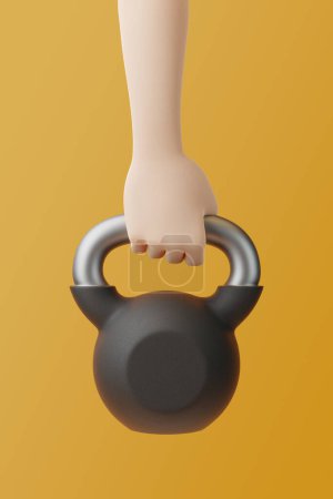 Photo for Cartoon hand holding a dumbbell on a yellow background. 3D rendering illustration - Royalty Free Image