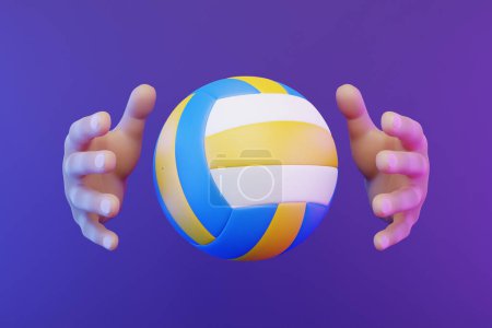 Téléchargez les photos : Dessin animé mains attraper un volley-ball sur un fond violet. Illustration de rendu 3d - en image libre de droit