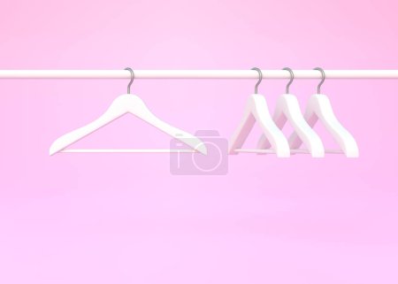 Photo for White rack with white clothes hangers isolated on pink background. 3D rendering 3D illustration - Royalty Free Image