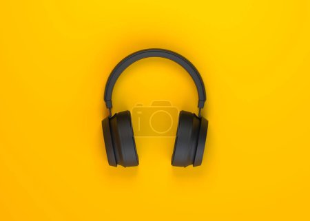 Photo for Wireless headphones on a yellow background. Top view. 3d rendring illustration - Royalty Free Image