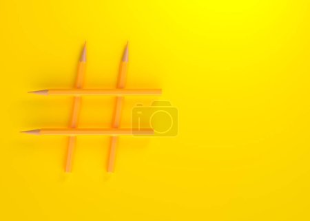 Photo for Hashtag sign made of pencil on yellow background with copy space. Creative and social media community concepts. 3d render illustration - Royalty Free Image