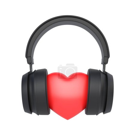 Foto de Auriculares inalámbricos con corazón sobre fondo blanco. Vista frontal. Ilustración de representación 3d - Imagen libre de derechos