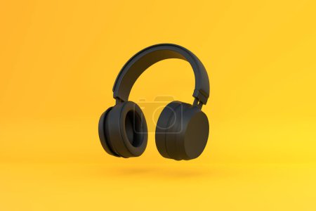 Photo for Wireless headphones in the air on a yellow background. 3d rendering illustration - Royalty Free Image