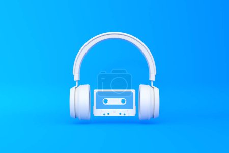 Photo for Wireless headphones with audio cassette on a blue background. Front view. 3d rendering illustration - Royalty Free Image