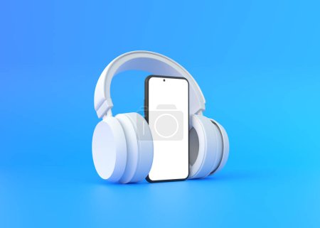 Photo for Wireless headphones with smartphone on a blue background. Concept for online music, radio, listening to podcasts, books. 3d rendering illustration - Royalty Free Image