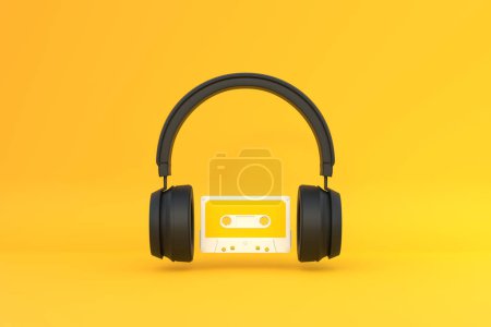 Photo for Wireless headphones with audio cassette on a yellow background. Front view. 3d rendering illustration - Royalty Free Image