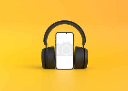Téléchargez les photos : Casque sans fil avec smartphone sur fond jaune. Concept pour la musique en ligne, radio, écoute de podcasts, livres. Illustration de rendu 3d - en image libre de droit