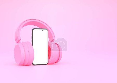 Photo for Wireless headphones with smartphone on a pink background. Concept for online music, radio, listening to podcasts, books. 3d rendering illustration - Royalty Free Image