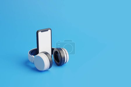 Photo for Headphones with mobile smart phone on a blue background with copy space. 3d rendering illustration - Royalty Free Image