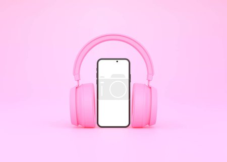 Foto de Auriculares inalámbricos con smartphone sobre fondo rosa. Concepto para música online, radio, escuchar podcasts, libros. Ilustración de representación 3d - Imagen libre de derechos