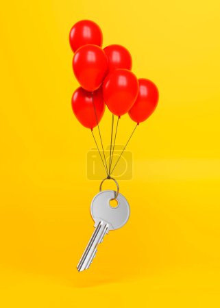 Foto de Una sola llave con un anillo volando sobre globos sobre un fondo amarillo. Concepto minimalista. Ilustración conceptual para inmobiliaria, constructora o aseguradora. ilustración de renderizado 3d - Imagen libre de derechos