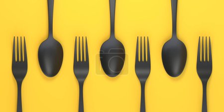 Téléchargez les photos : Fourchette et cuillère sur fond jaune. Vue de dessus. Accueil ustensiles de cuisine et accessoires de cuisine. 3d rendu illustration 3d - en image libre de droit