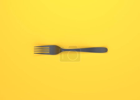 Téléchargez les photos : Fourchette sur fond jaune. Vue de dessus. Accueil ustensiles de cuisine et accessoires de cuisine. 3d rendu illustration 3d - en image libre de droit