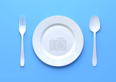 Téléchargez les photos : Assiette vide, fourchette et couteau isolés sur fond bleu. Concept créatif minimal. Vue de dessus. Illustration 3D rendu 3D - en image libre de droit