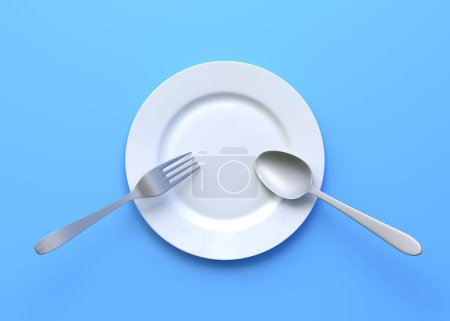 Téléchargez les photos : Assiette vide, fourchette et couteau isolés sur fond bleu. Vue de dessus. Concept créatif minimal. Illustration 3D rendu 3D - en image libre de droit