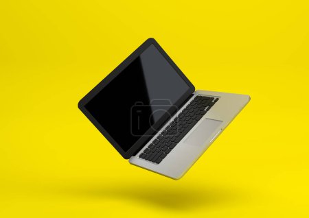 Photo for Laptop notebook mock up with pastel yellow color background. Float and levitate laptop. Technology gadget. Minimal creative concept High resolution 3D Render Illustration - Royalty Free Image