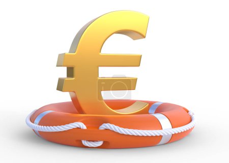 Foto de Signo dorado del euro dentro de la boya salvavidas aislada sobre fondo blanco. El concepto de economía, crisis, finanzas, negocios, ayuda. ilustración de renderizado 3d - Imagen libre de derechos